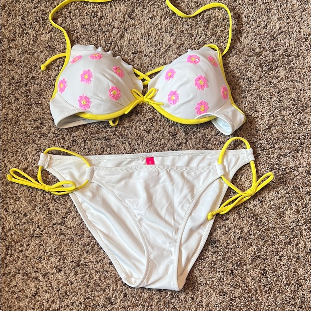 Victoria's Secret Yellow and White Bikini with Floral Accents